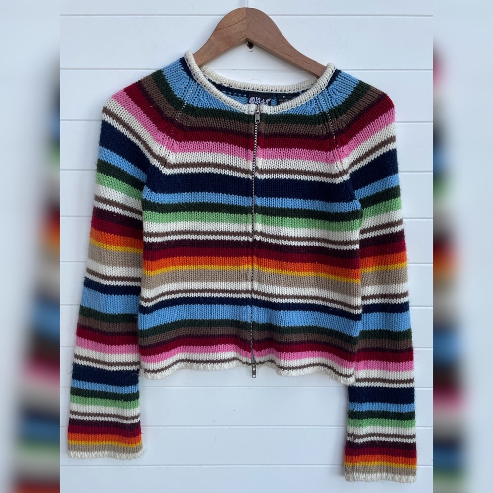 Planet Gold Rainbow Stripe Cardigan Full Metal Zip Colorful Funky Indie Sweater